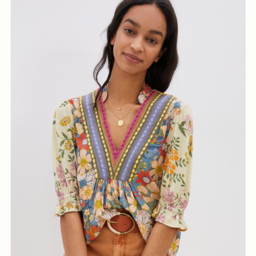 anthropologie Bl-nk London Stephanie Top in Blue Motif Size Medium